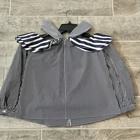 J. Crew Women’s Striped Off the Shoulder Blouse in Blue White Size 4 - Picture 4 of 9